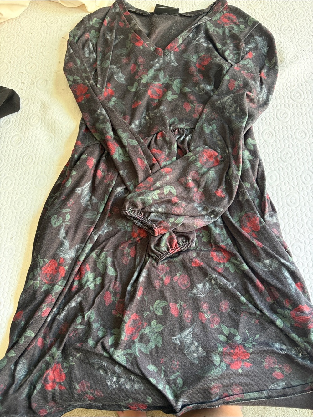 V-Neck Floral Midi Dress in Black with Red & Green Floral